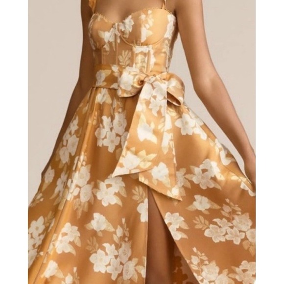 $525 Anthropologie V. Chapman Vera Ruffle Corset Slit Gold Dress Floral 10 Midi - Picture 1 of 15